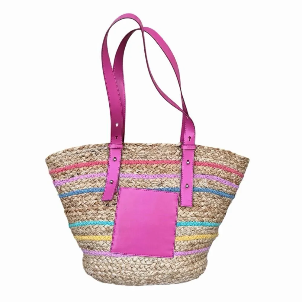 Time & Tru Natural Jute Straw Braided Striped Pink Pocket Tote/Shoulder Bag